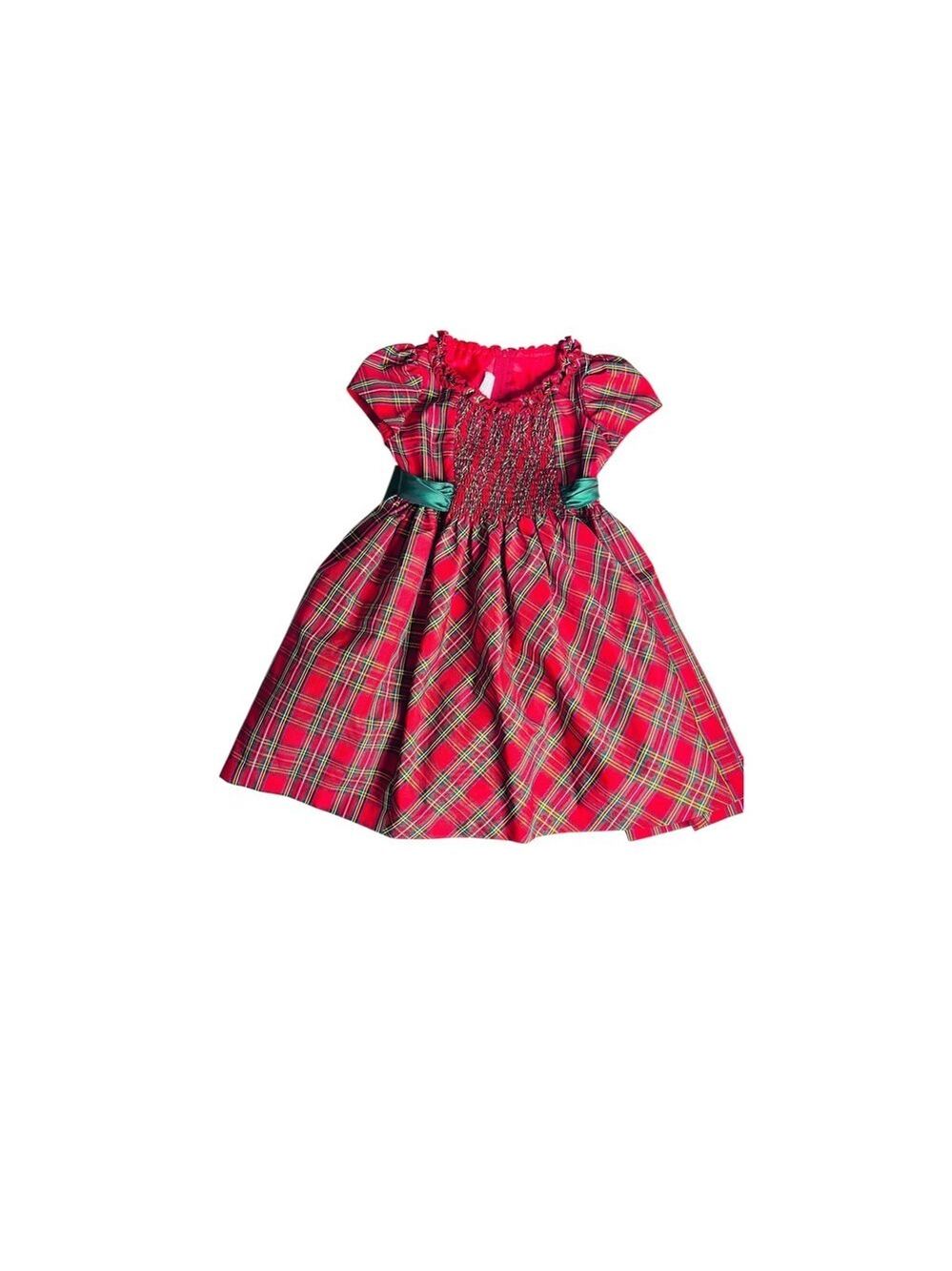 Girls Red Plaid Smocked Holiday Dress Short Puff Sleeve Tulle Size 5 - Picture 3 of 10